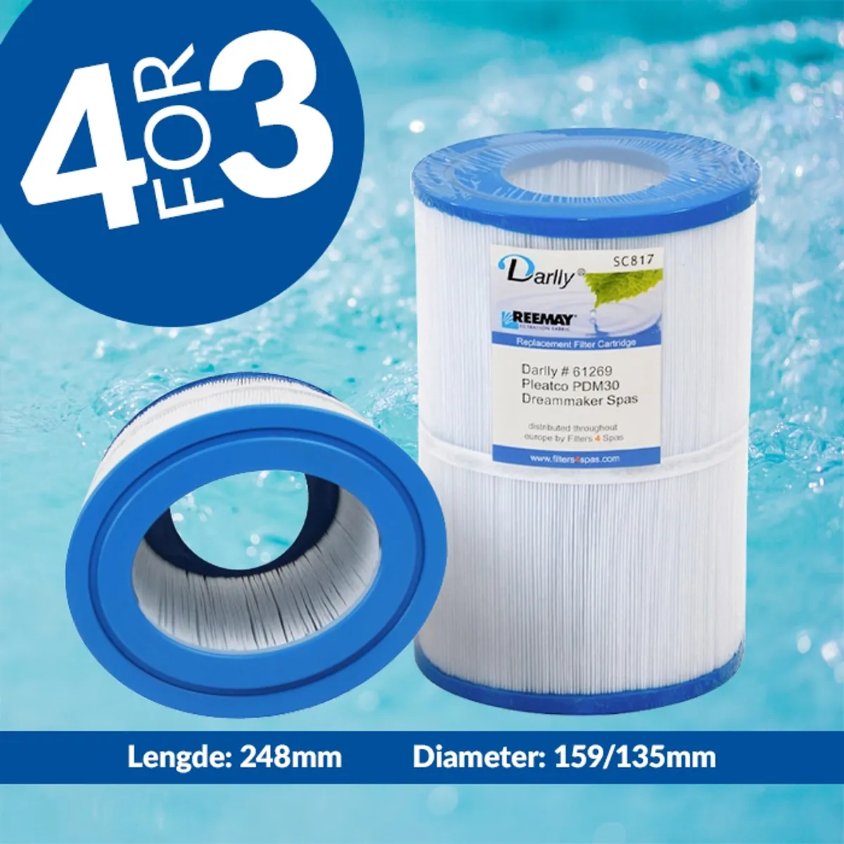 Spa filter 30 sq. ft. u/ gjenger, vaskbart, oval (4pk - spar 25%