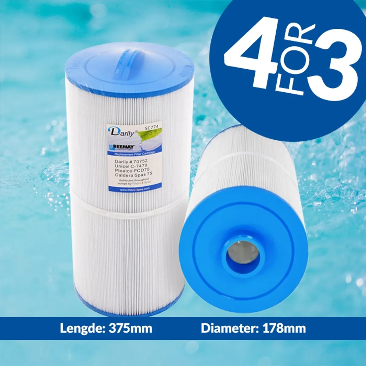 Spa filter 75 sq. ft. u/ gjenger, vaskbart (4pk - spar 25%)